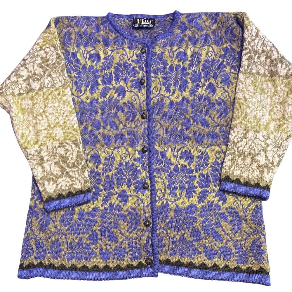 Oleana Women's Purple Green Floral Nordic 100% Wool Cardigan Norway Size S